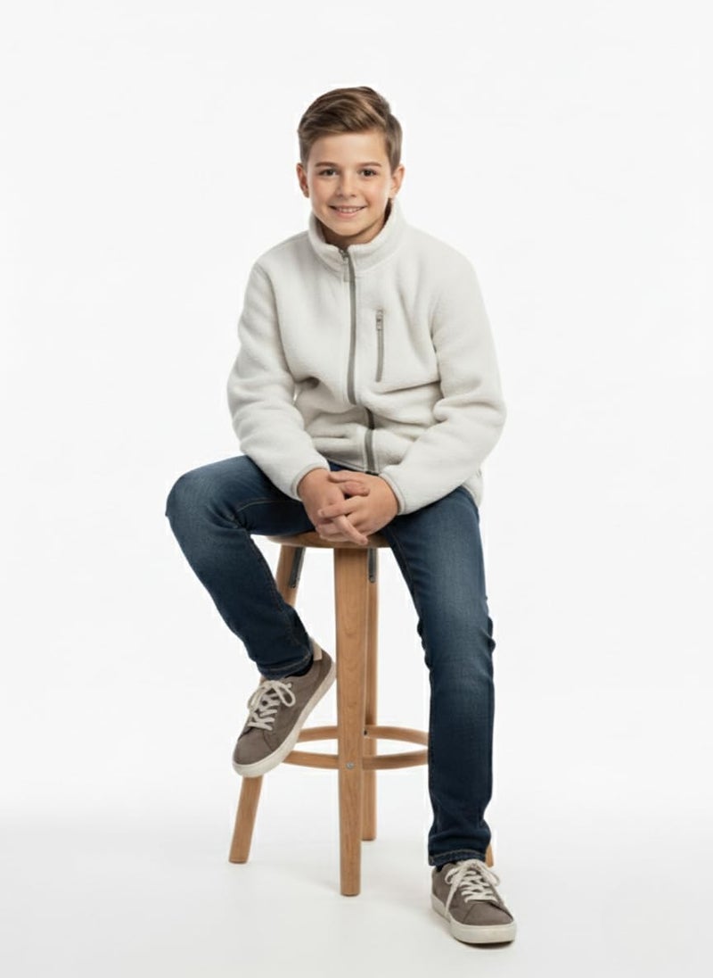 Alan Jones Clothing Boys Fleece Full-Zip Jacket | Soft, Warm & Lightweight Winter Wear | High Collar with Piping at Hem & Sleeves (14-15 Years_Light Grey) - Image 5