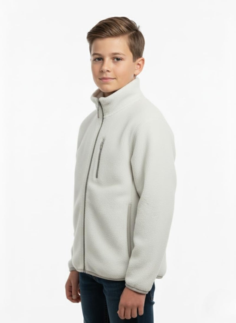 Alan Jones Clothing Boys Fleece Full-Zip Jacket | Soft, Warm & Lightweight Winter Wear | High Collar with Piping at Hem & Sleeves (14-15 Years_Light Grey) - Image 3