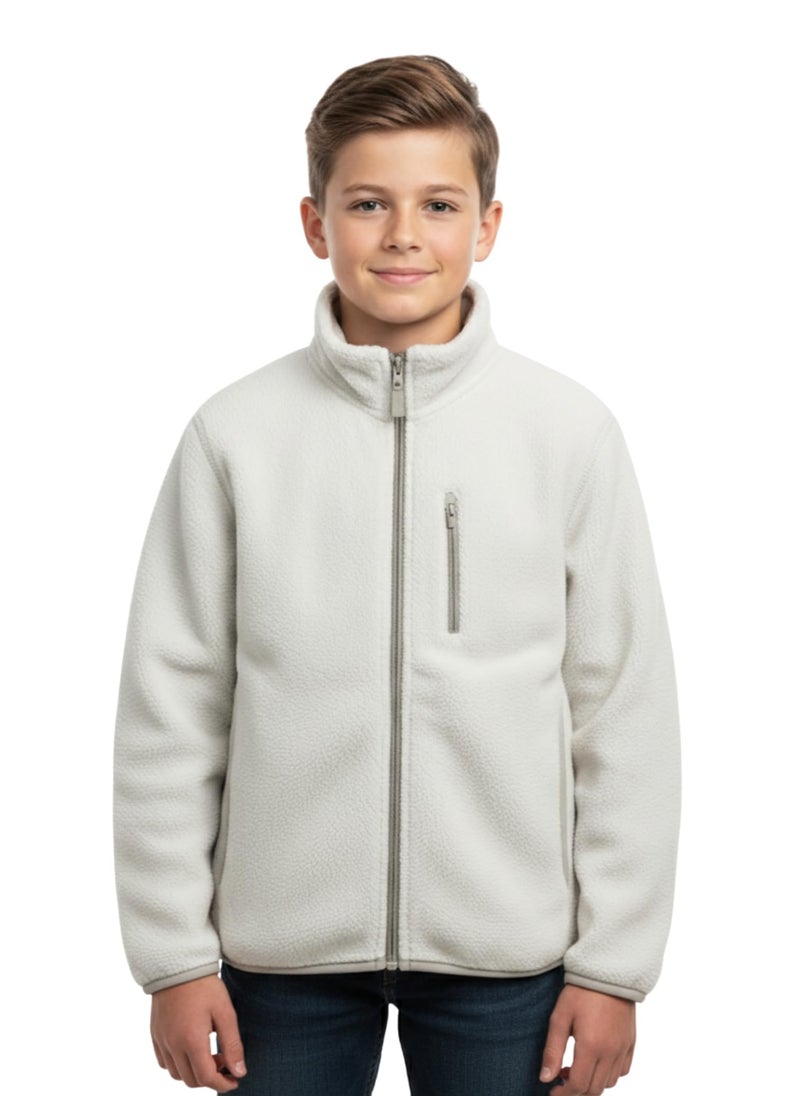 Alan Jones Clothing Boys Fleece Full-Zip Jacket | Soft, Warm & Lightweight Winter Wear | High Collar with Piping at Hem & Sleeves (14-15 Years_Light Grey) - Image 1