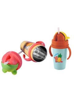 Nabhya Nabhya Stainless Steel 360ml BPA-Free Cute Animal Design Baby Sipper Kids Water Bottle with Straw and Side Handle for Kids (Pack of 2) (Blue & Yellow)  - Image 1