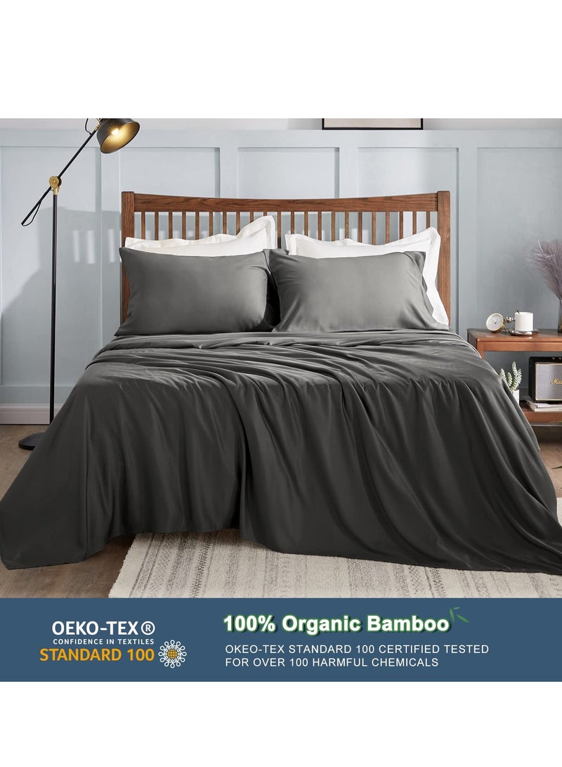NIBEMINENT مجموعة ملاءات سرير تبريد SYOSI مكونة من 4 قطع للتعرق الليلي، مصنوعة من ألياف الرايون بنسبة 100% من الخيزران، مقاس كوين، ملاءات فندقية فاخرة ذات ملمس حريري، باللون الرمادي الداكن - Image 2