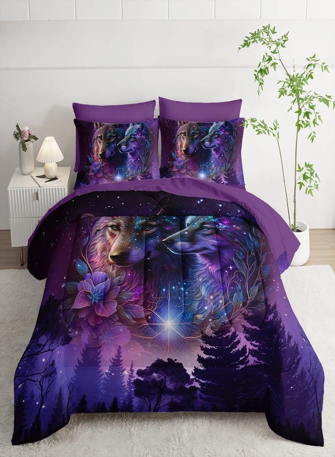 Tuzaovy Wolf Comforter Set 7 Piece Twin Size Bed in A Bag,Animal Bedding for Room Decor,Soft Purple Wolf Comforter Rose Bedding with Fitted Sheet,Flat Sheet, Pillowcases & Shams - Image 2