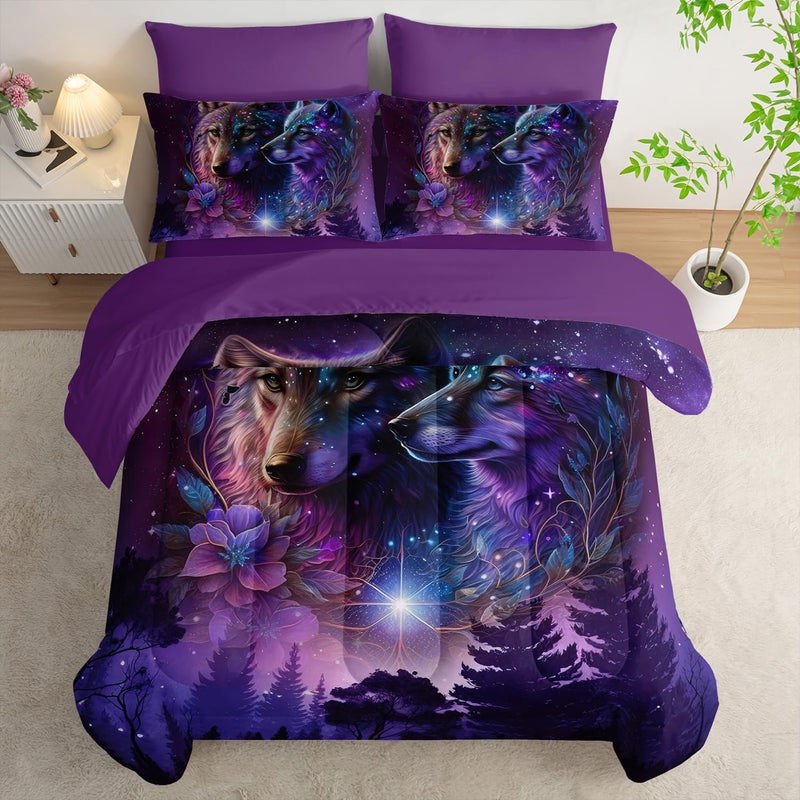 Tuzaovy Wolf Comforter Set 7 Piece Twin Size Bed in A Bag,Animal Bedding for Room Decor,Soft Purple Wolf Comforter Rose Bedding with Fitted Sheet,Flat Sheet, Pillowcases & Shams - Image 1
