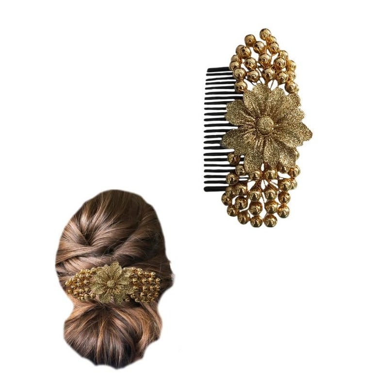 SUMRUNA Golden Color Artificial Short Single Flower Shimmering Attached with Golden Beads with Comb Hair Accessories Hair Brooch for Women's and Girl's pack of 1 - Image 1