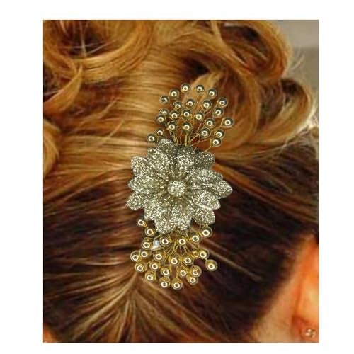 SUMRUNA Golden Color Artificial Short Single Flower Shimmering Attached with Golden Beads with Comb Hair Accessories Hair Brooch for Women's and Girl's pack of 1 - Image 3
