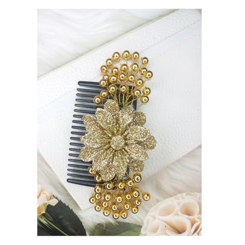 SUMRUNA Golden Color Artificial Short Single Flower Shimmering Attached with Golden Beads with Comb Hair Accessories Hair Brooch for Women's and Girl's pack of 1 - Image 4