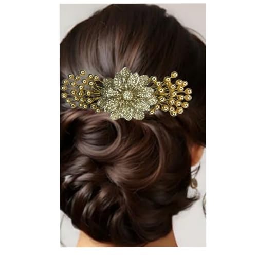 SUMRUNA Golden Color Artificial Short Single Flower Shimmering Attached with Golden Beads with Comb Hair Accessories Hair Brooch for Women's and Girl's pack of 1 - Image 2