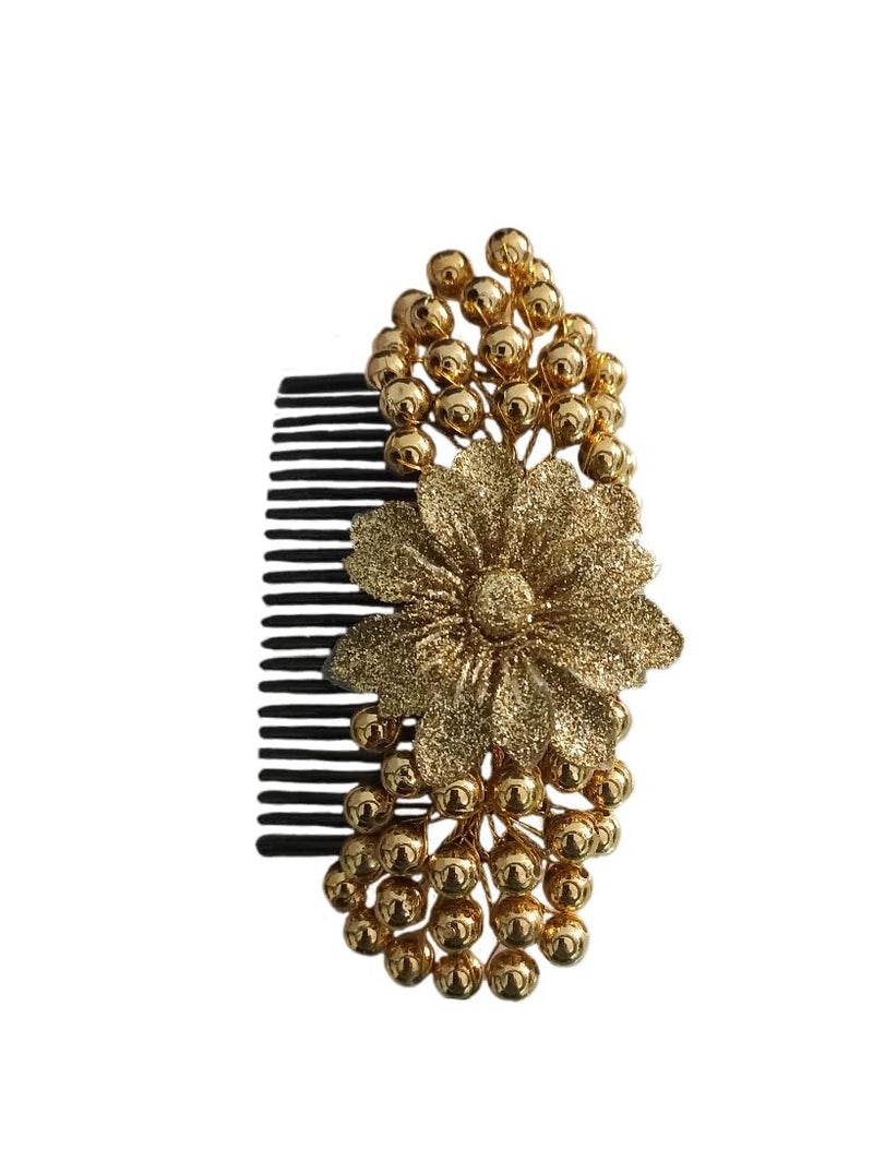 SUMRUNA Golden Color Artificial Short Single Flower Shimmering Attached with Golden Beads with Comb Hair Accessories Hair Brooch for Women's and Girl's pack of 1 - Image 5