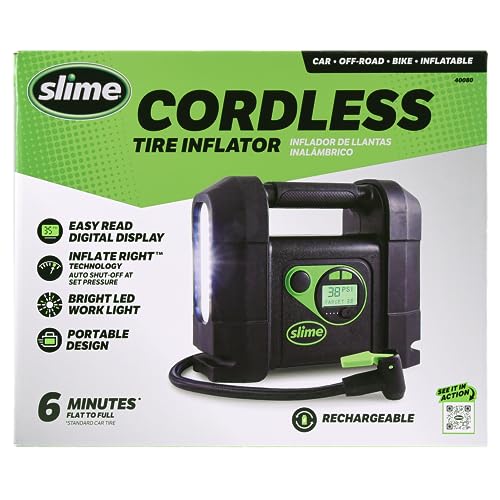 Slime 40080 Cordless Tire Inflator, Rugged Portable Air Compressor Pump with Auto Shut Off, Lithium Ion Battery and LED Light, Rechargeable - Image 1