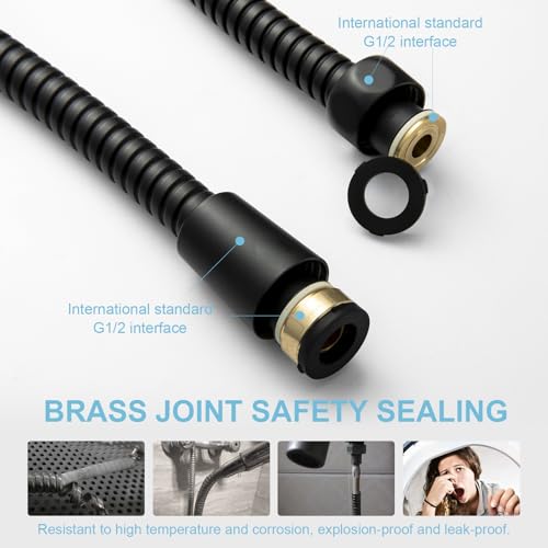 OFFO Shower Hose, 100 in Kink Free Stainless Steel Shower Hose Attachment Electroplating Handheld Shower Head Hose Flex Hoses Extension with Brass Insert & Nut for Pet Bathing Cleaning, Matte Black - Image 4