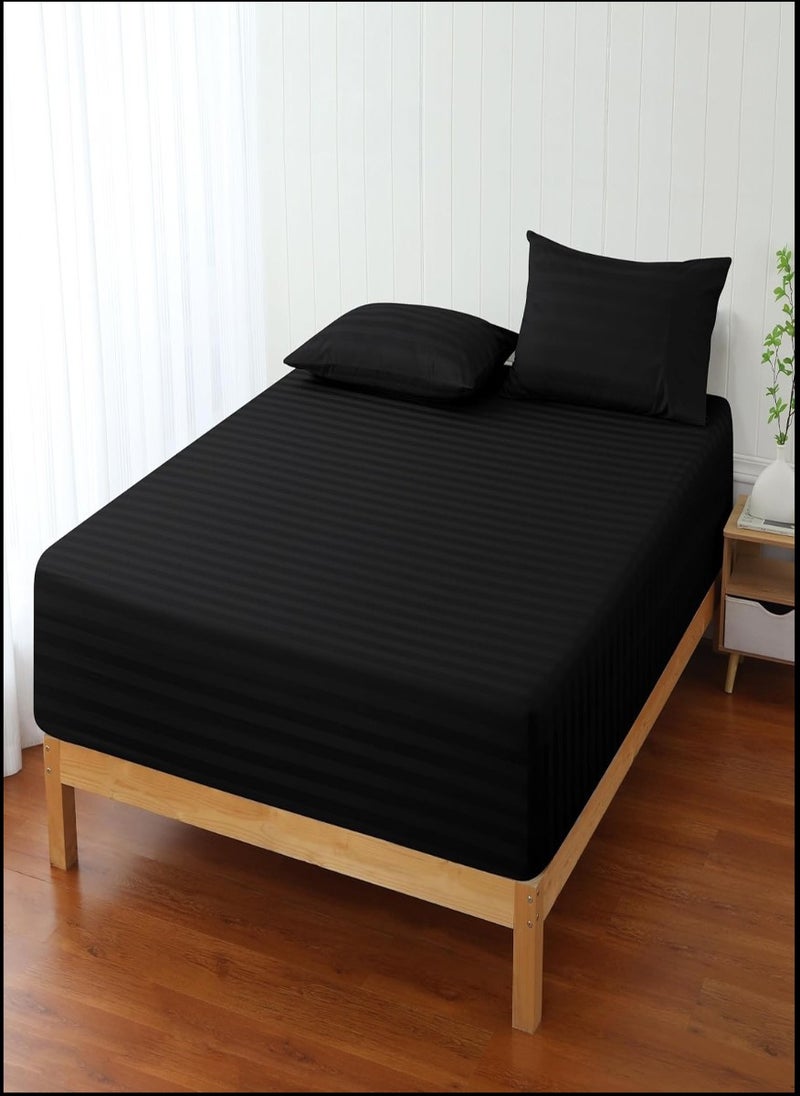 Blueberry Black Striped Double Bed Sheet Sets Cotton 3 Piece Set Deep Pocket 150x200+25cm - Image 1