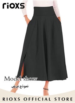 RIOXS Women's Casual High Waist A-Line Skirt Pleated Slim Fit Lace Up Maxi Skirt With Pockets  - Image 4