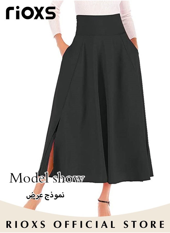 RIOXS - Women's Casual High Waist A-Line Skirt Pleated Slim Fit Lace Up Maxi Skirt With Pockets - Image 1