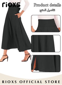 RIOXS Women's Casual High Waist A-Line Skirt Pleated Slim Fit Lace Up Maxi Skirt With Pockets  - Image 5