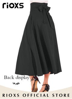 RIOXS Women's Casual High Waist A-Line Skirt Pleated Slim Fit Lace Up Maxi Skirt With Pockets  - Image 3