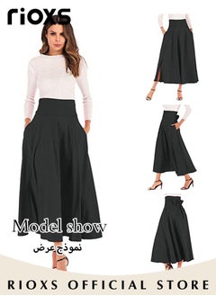 RIOXS Women's Casual High Waist A-Line Skirt Pleated Slim Fit Lace Up Maxi Skirt With Pockets  - Image 2