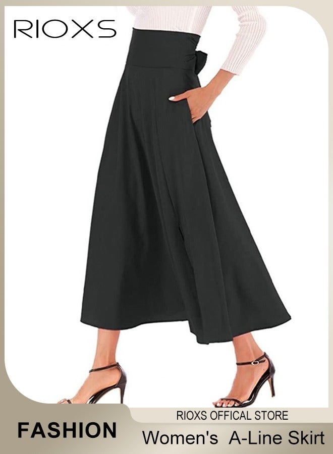 Women's A-Line High Waist Skirt, Casual Pleated Slim Fit Lace Up Maxi Skirt with Pockets, Elegant Flowy Vintage Solid Strappy Skirt with Back Tie, for Home, Office, Dinner Party, Shopping, Vacation and More, Black