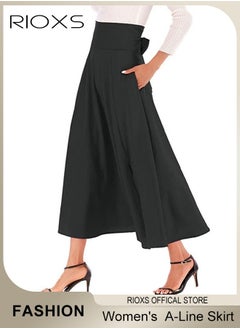 RIOXS Women's Casual High Waist A-Line Skirt Pleated Slim Fit Lace Up Maxi Skirt With Pockets  - Image 1