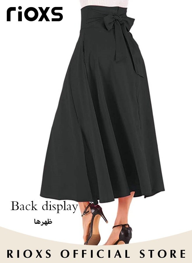 RIOXS Women's A-Line High Waist Skirt, Casual Pleated Slim Fit Lace Up Maxi Skirt with Pockets, Elegant Flowy Vintage Solid Strappy Skirt with Back Tie, for Home, Office, Dinner Party, Shopping, Vacation and More, Black - Image 2