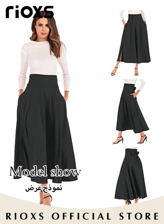 RIOXS Women's A-Line High Waist Skirt, Casual Pleated Slim Fit Lace Up Maxi Skirt with Pockets, Elegant Flowy Vintage Solid Strappy Skirt with Back Tie, for Home, Office, Dinner Party, Shopping, Vacation and More, Black - Image 3