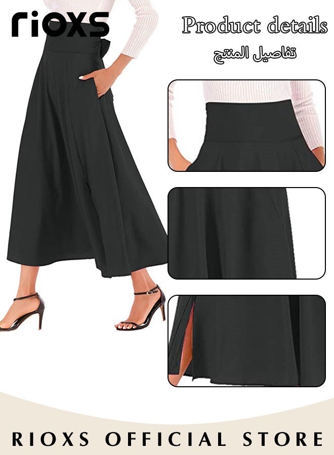 RIOXS Women's A-Line High Waist Skirt, Casual Pleated Slim Fit Lace Up Maxi Skirt with Pockets, Elegant Flowy Vintage Solid Strappy Skirt with Back Tie, for Home, Office, Dinner Party, Shopping, Vacation and More, Black - Image 4