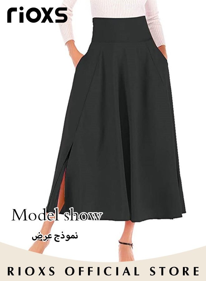 RIOXS Women's A-Line High Waist Skirt, Casual Pleated Slim Fit Lace Up Maxi Skirt with Pockets, Elegant Flowy Vintage Solid Strappy Skirt with Back Tie, for Home, Office, Dinner Party, Shopping, Vacation and More, Black - Image 5