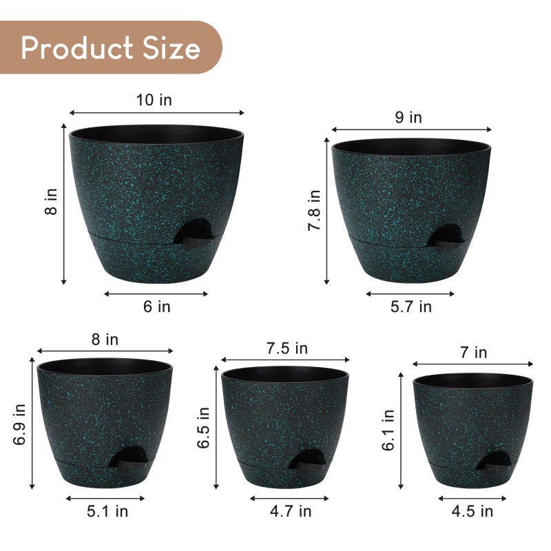 YNNICO Plant Pots 10/9/8/7.5/7 inch, Self Watering Planters with Drainage Holes & Saucers for Indoor and Outdoor Plants (Green Speckles) - Image 2