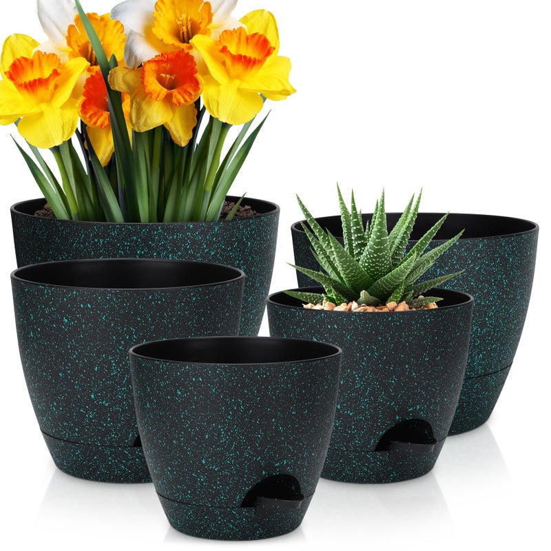 YNNICO Plant Pots 10/9/8/7.5/7 inch, Self Watering Planters with Drainage Holes & Saucers for Indoor and Outdoor Plants (Green Speckles) - Image 1
