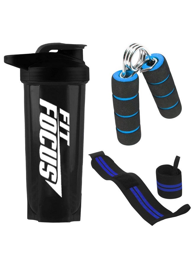 FIT FOCUS FIT FOCUS Premium Combo of Gym Shaker with Wrist Band and Mini Gripper for Gym & Fitness Kit|Gym Shaker|Workout Bottle|Wrist Wrap|Gym Hand Band|Fingers|Sports Grip (Black+Blue) - Image 1