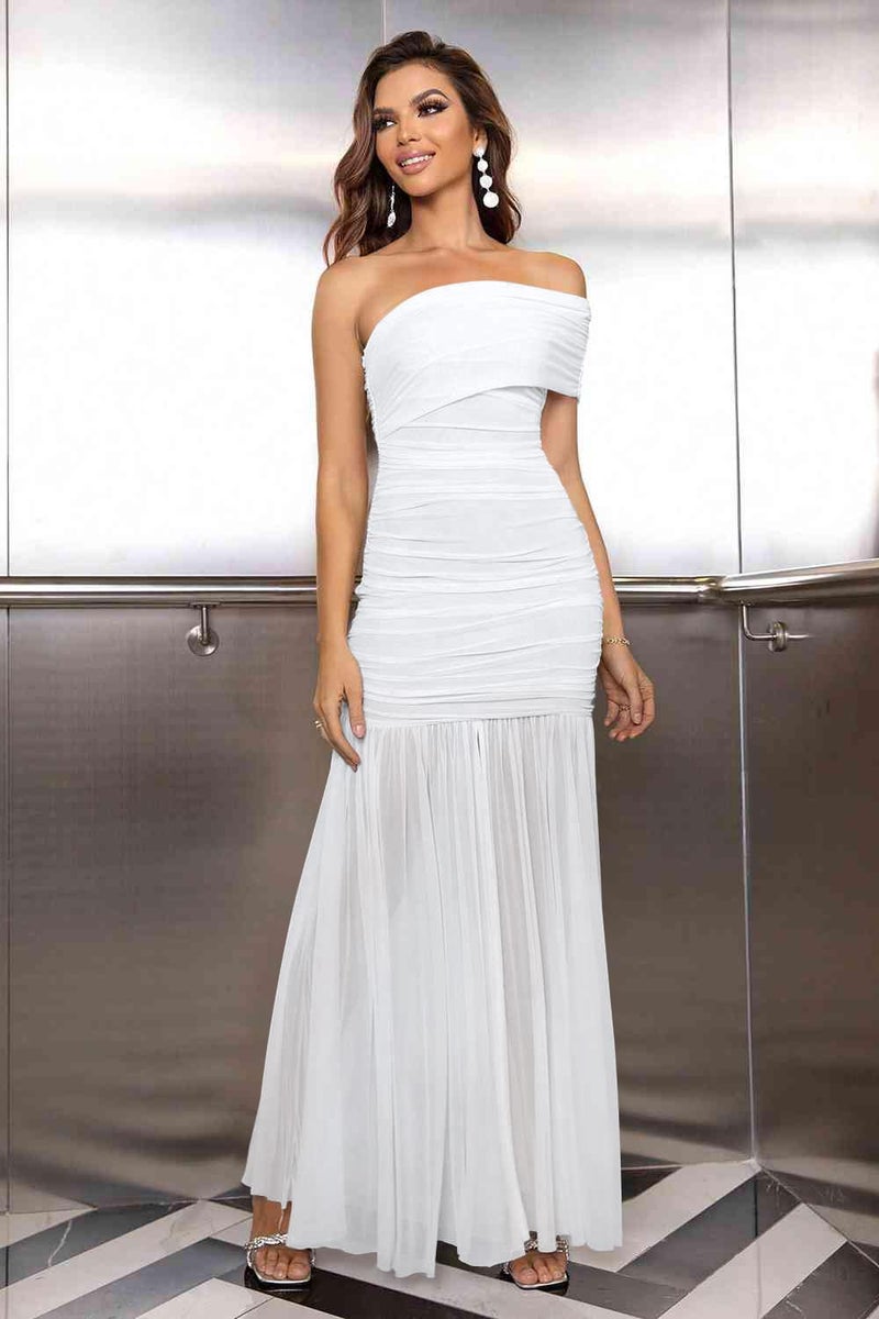 LAGSHIAN Women's Elegant Formal Long Dress One Shoulder Sleeveless Ruched Bodycon Evening Dress White - Image 2