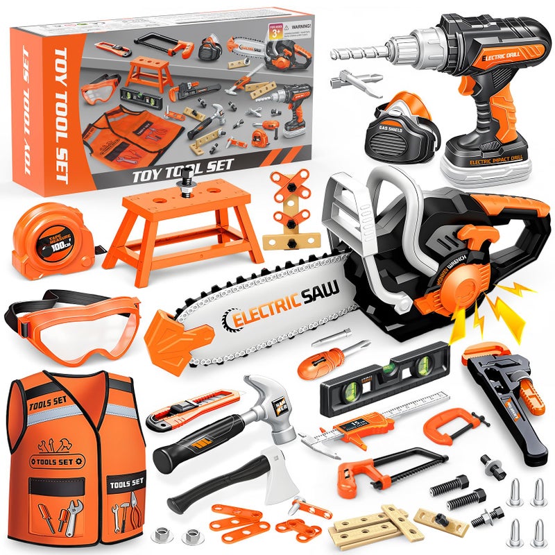 HUITEM Kids Tool Set Toys 56 Pcs Toddler Tool Set with Toy Chainsaw Electronic DrillVest Pretend Play Kids Construction Tools Toy for Toddler 35 Years Old Christmas Birthday Gifts - Image 3