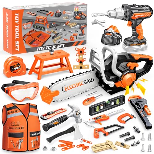 HUITEM Kids Tool Set Toys 56 Pcs Toddler Tool Set with Toy Chainsaw Electronic DrillVest Pretend Play Kids Construction Tools Toy for Toddler 35 Years Old Christmas Birthday Gifts - Image 1