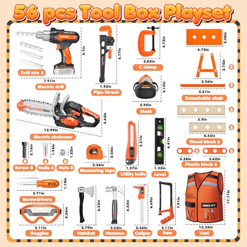 HUITEM Kids Tool Set Toys 56 Pcs Toddler Tool Set with Toy Chainsaw Electronic DrillVest Pretend Play Kids Construction Tools Toy for Toddler 35 Years Old Christmas Birthday Gifts - Image 5
