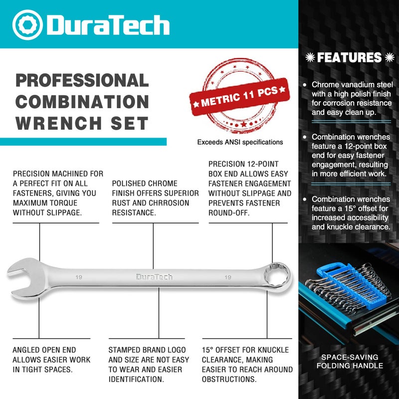 DURATECH Combination Wrench Set, Metric, 11-Piece, 8, 10, 11, 12, 13, 14, 15, 16, 17, 18, 19mm, 12-Point, CR-V Steel, Organized in Wrench Holder - Image 3