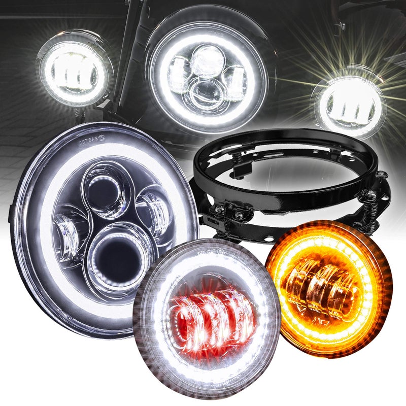 TRUE MODS 7 LED Headlight 45 Passing Light for Harley Davidson  Black Mounting Bracket HALO DRL H4 For Road King Electra Glide Ultra Classic Limited Heritage Softail Fat Boy Tri Street Glide