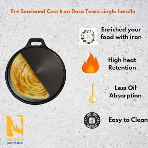 MUD N POT PRE Seasoned CAST Iron DOSA TAWA| Elegant | ROTI PAN| Heritage | 12 INCH Single Handle | 30 CM| Vintage | Pre Seasoned | Smooth Finish | NATUARLLY Polished (Large) - Image 4