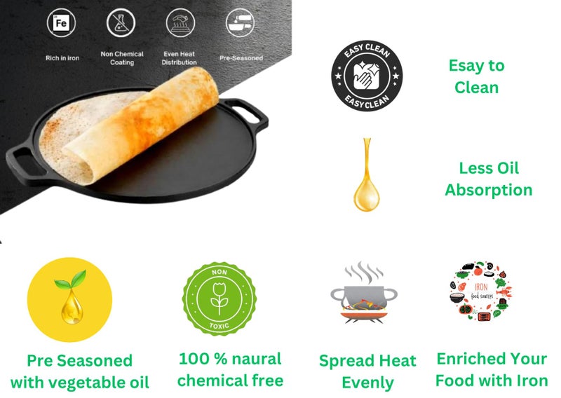 MUD N POT PRE Seasoned CAST Iron DOSA TAWA| Elegant | ROTI PAN| Heritage | 12 INCH Single Handle | 30 CM| Vintage | Pre Seasoned | Smooth Finish | NATUARLLY Polished (Large) - Image 5