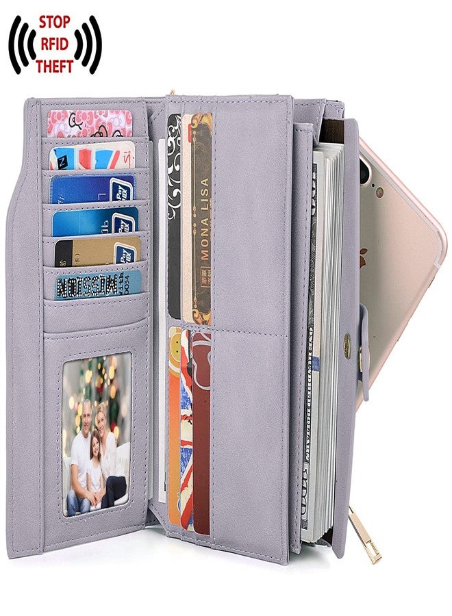 UTO Wallets for Women Wristlet RFID Large Capacity PU Leather Clutch Card Holder Organizer Ladies Purse Strap Thistle Purple - Image 2