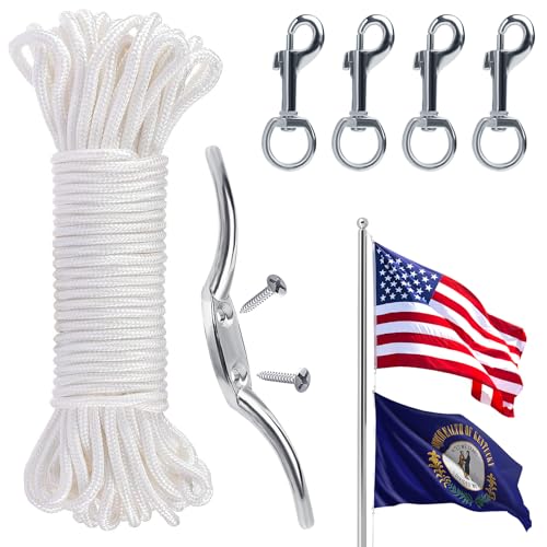 PAMASE Flag Rope and Clips Kit - 100ft Flag Pole Rope Halyard with Cleat Hook & 4 Pcs Swivel Snap Clips for Flagpoles Up to 50ft, Outdoor Porch Flagpoles Repair Replacement Parts Accessories - Image 1