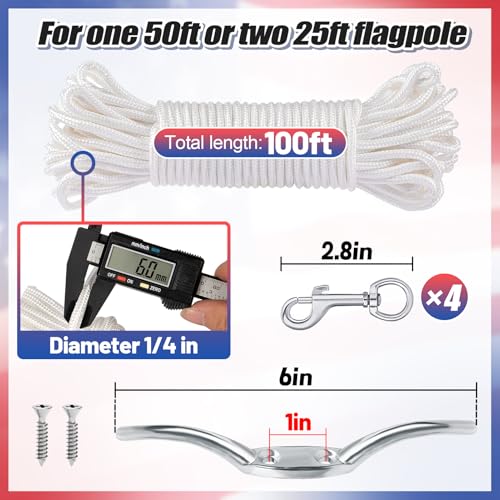 PAMASE Flag Rope and Clips Kit - 100ft Flag Pole Rope Halyard with Cleat Hook & 4 Pcs Swivel Snap Clips for Flagpoles Up to 50ft, Outdoor Porch Flagpoles Repair Replacement Parts Accessories - Image 2