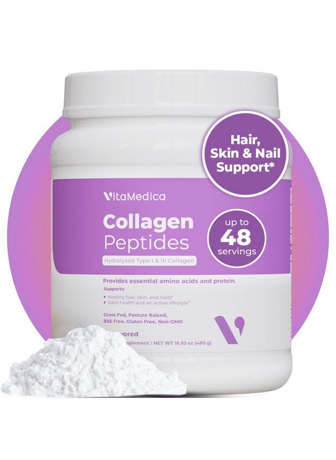 VitaMedica VitaMedica Collagen Peptides Powder for Women & Men - Healthy Hair, Skin, Nails, Bones and Joints - Hydrolyzed Types I & III, Grass-Fed, Pasture-Raised Protein, Zero Sugar - 48 Servings  - Image 1