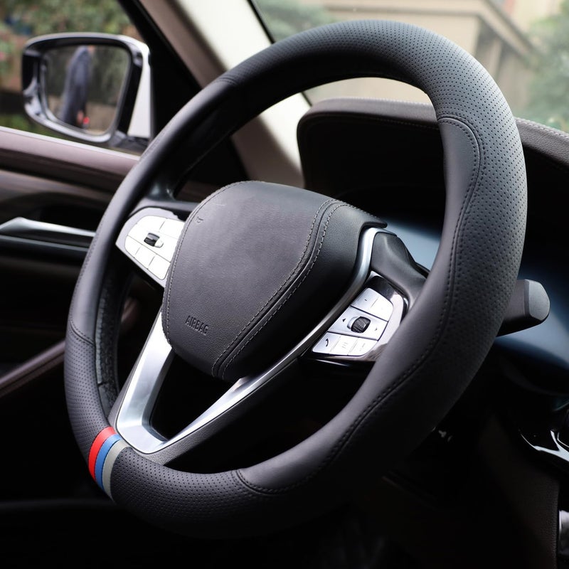 szyuchen غطاء عجلة القيادة للسيارة لسيارات BMW X3 X5 X7 3 5 Series 328i 528i 535i 530i 540i 320i 325i 330i X1 X2 X4 X6 1 2 4 6 7 8 M2 M3 M4 M5 Series e90 e60 f30 e46، إكسسوارات، جلد أسود - 14 1/2 بوصة - 15 بوصة - Image 3