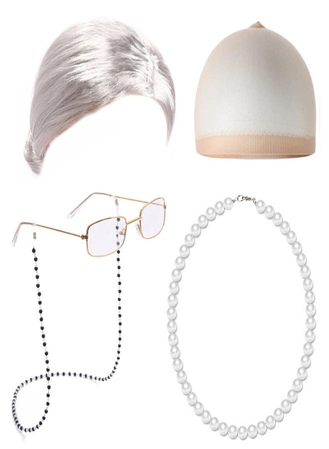 5 Pcs Old Lady Costume Set Grandmother Cosplay Costume with Wig and Wig Cap Glasses Eyeglass Retainer Chain and Pearl Necklace 100 Days of School Costume Grandma Granny Costume Wig 