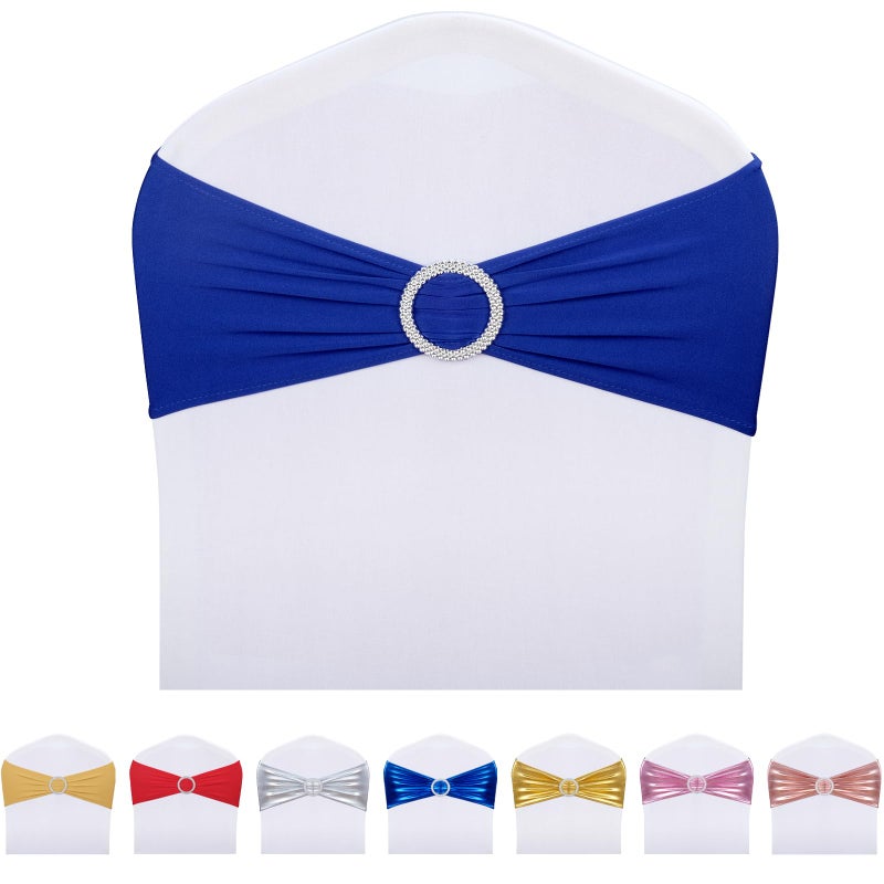 LEBENGURU Royal Blue Spandex Chair Sashes, 30pcs Premium Stretch Bows With Buckle Slider, Universal Elastic Bands for Wedding Party Banquet Decoration - Image 1