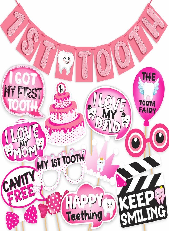 WOBBOX First Tooth Photo Booth Party Props (13 Pcs) with 1st Tooth Bunting Banner, Pink Colour Balloon Font, First Tooth Decoration, First Tooth Decoration Items for Baby, Design 9 (WOBOX1992) - Image 1