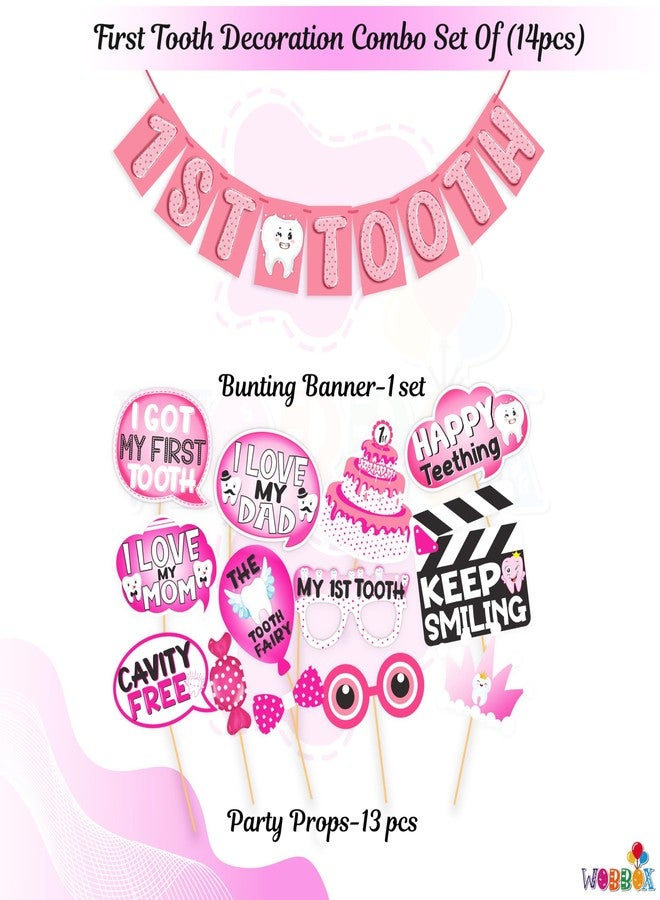 WOBBOX First Tooth Photo Booth Party Props (13 Pcs) with 1st Tooth Bunting Banner, Pink Colour Balloon Font, First Tooth Decoration, First Tooth Decoration Items for Baby, Design 9 (WOBOX1992) - Image 2