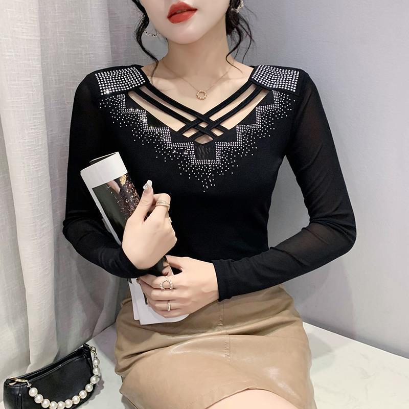 Real shot 2022 Autumn New Fashion care machine hollow heavy drilling mesh V-neck slim slim long sleeve women Blue - Image 2
