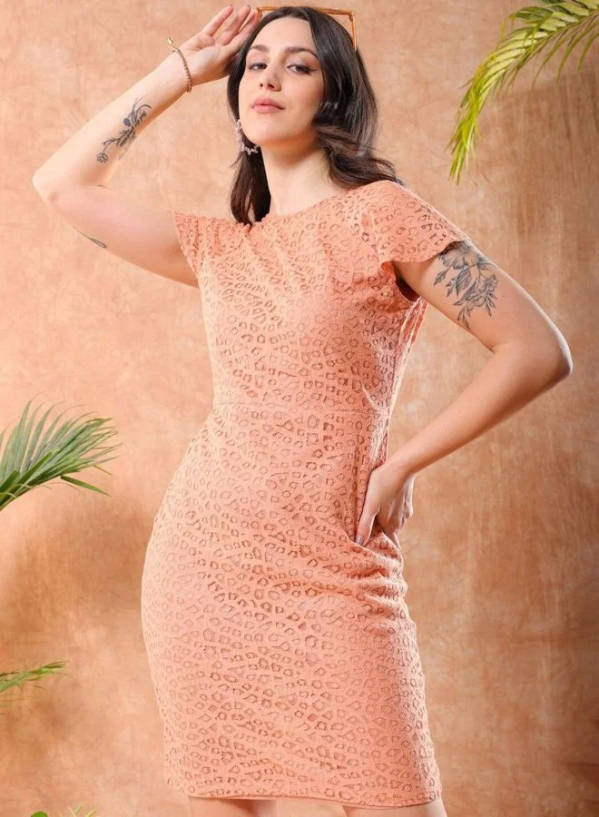 Women Regular Fit Lace Round Neck Sleeveless Sheath Dress