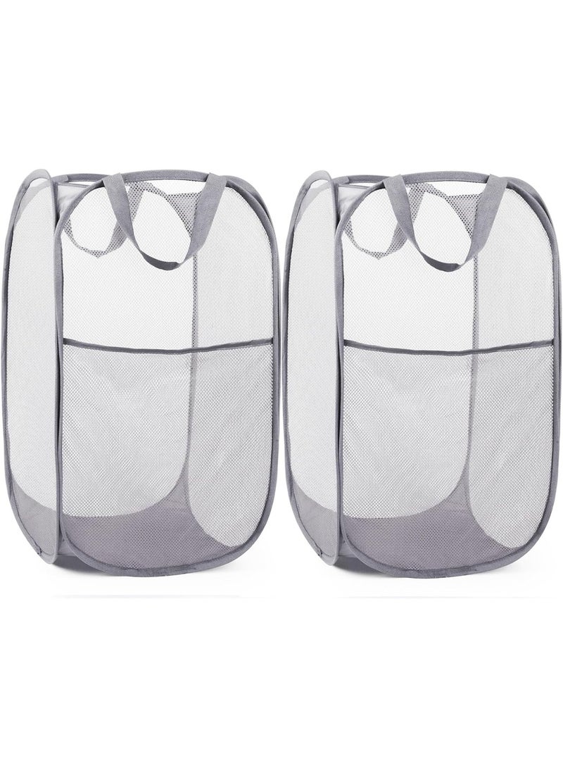 YelaJoy 2 Pack Durable Collapsible Laundry Baskets - Reinforced Mesh Pop Up Laundry Hamper with Pocket, Foldable Dirty Clothes Hamper with Carry Handles for Laundry, Bathroom, Kids Room, Dorm or Travel Grey - Image 1
