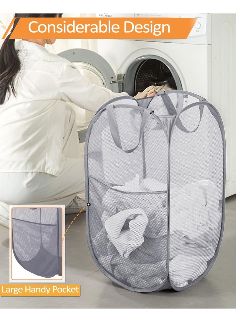 YelaJoy 2 Pack Durable Collapsible Laundry Baskets - Reinforced Mesh Pop Up Laundry Hamper with Pocket, Foldable Dirty Clothes Hamper with Carry Handles for Laundry, Bathroom, Kids Room, Dorm or Travel Grey - Image 5